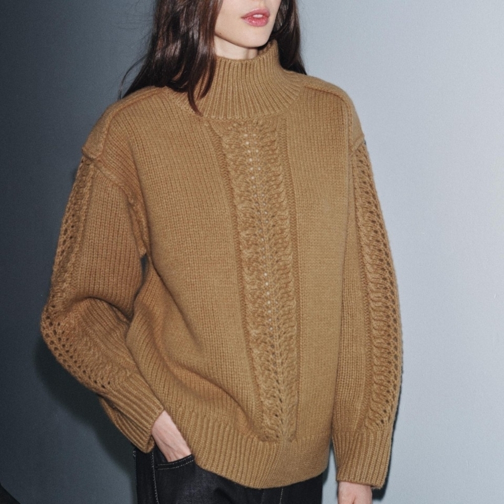NWT Zara Wool Cable Knit Textured Cowl Neck Sweater In Tan - M